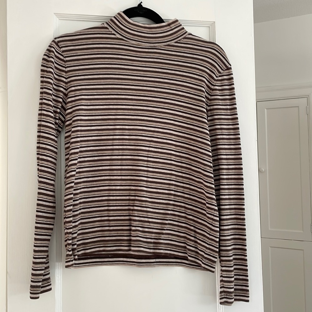 Vintage caramel beige and tan striped cotton turtleneck.